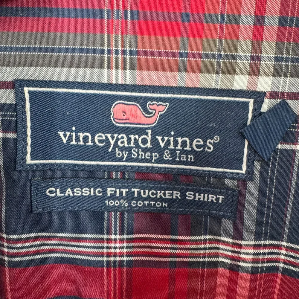 Vineyard Vines Classic Fit Tucker Plaid Button-Down Shirt Medium Navy Red Casual
